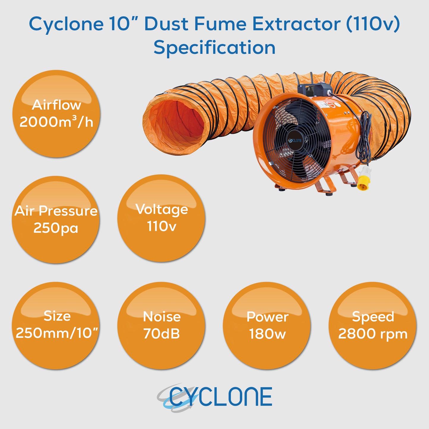Cyclone 10" Dust Fume Extractor 110V Industrial Ventilation Fan + 10m Duct - George's Industrial Services Ltd