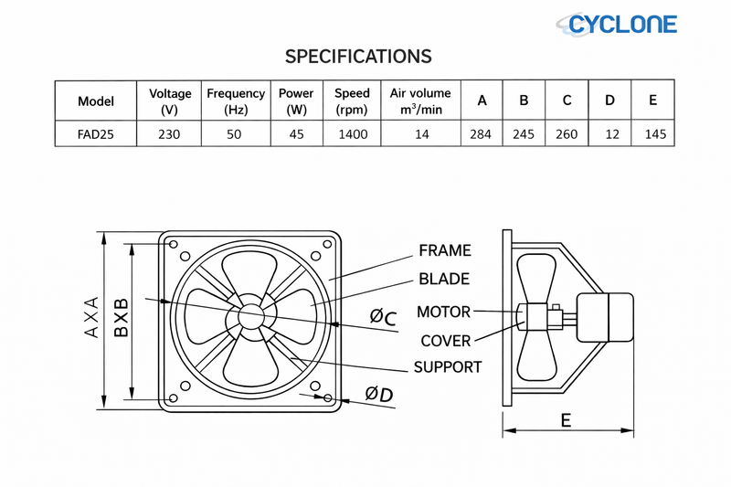 Cyclone 10" Industrial Axial Extractor Fan with Grill - George's Industrial Services Ltd
