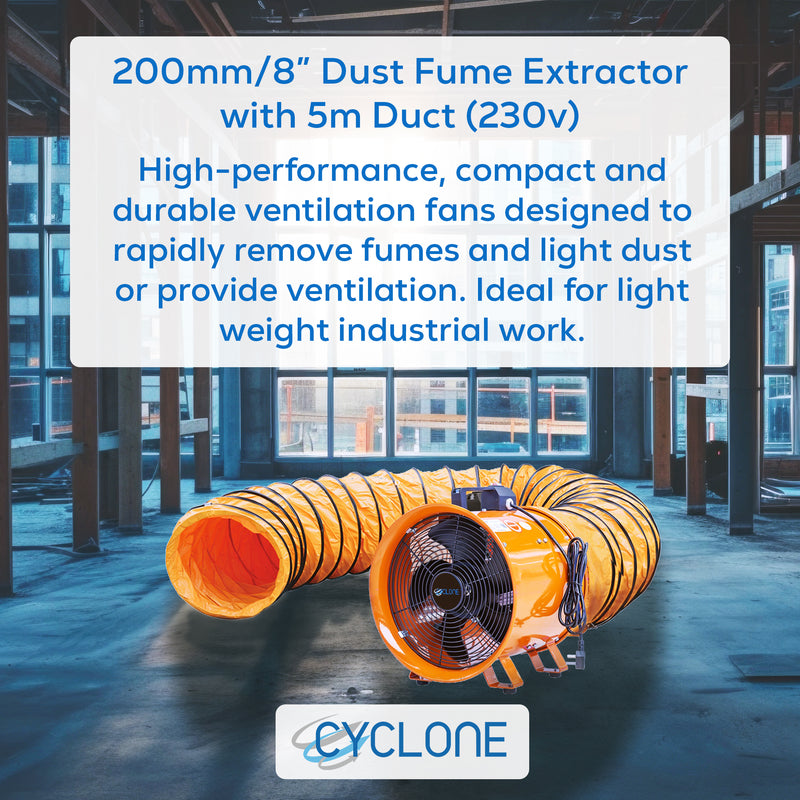 Cyclone 8" Dust Fume Extractor 230V Industrial Ventilation Fan + 5m Duct - George's Industrial Services Ltd